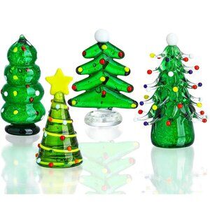 Set 4 Blown Glass Christmas Tree Figurine Art Glass Statue Holiday Decoration